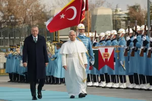 Pope Leo XIV is flanked by Turkish President Recep Tayyip Erdogan as he arrives at the Presidential Palace in Ankara, Turkey, Thursday, Nov. 27, 2025. (AP Photo/Domenico Stinellis)





Associate Press/ LaPresse
Only Italy and Spain