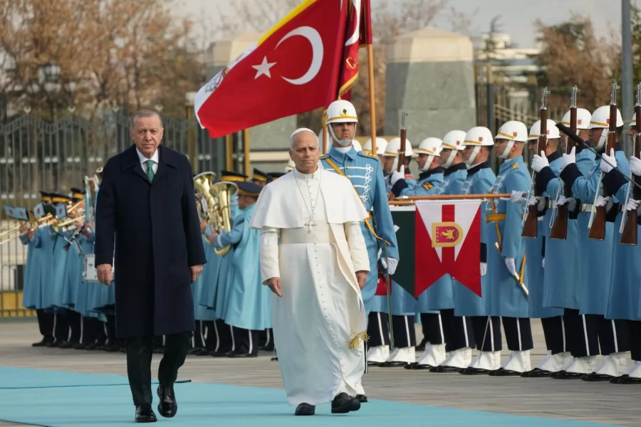 Pope Leo XIV is flanked by Turkish President Recep Tayyip Erdogan as he arrives at the Presidential Palace in Ankara, Turkey, Thursday, Nov. 27, 2025. (AP Photo/Domenico Stinellis)





Associate Press/ LaPresse
Only Italy and Spain