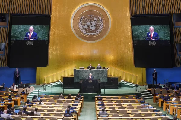 Israel Prime Minister Benjamin Netanyahu addresses the 80th session of the United Nations General Assembly, Friday, Sept. 26, 2025. (AP Photo/Richard Drew)

Associated Press/LaPresse