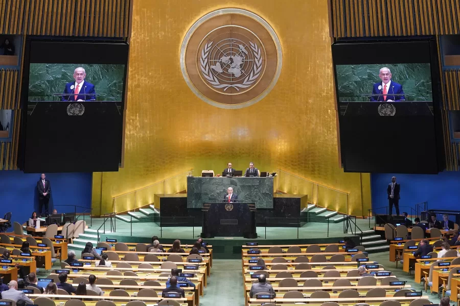 Israel Prime Minister Benjamin Netanyahu addresses the 80th session of the United Nations General Assembly, Friday, Sept. 26, 2025. (AP Photo/Richard Drew)

Associated Press/LaPresse
