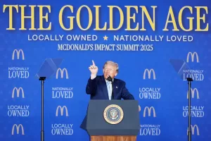 President Donald Trump speaks at the McDonald’s Impact Summit, Monday, Nov. 17, 2025, in Washington. (AP Photo/Alex Brandon)