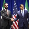 Secretary of State Marco Rubio shakes hands with Syrian interim President Ahmad al-Sharaa at the Lotte New York Palace Hotel, on the sidelines of the 80th United Nations General Assembly at the United Nations headquarters, Monday, Sept. 22, 2025. (Bing Guan/Pool Photo via AP)