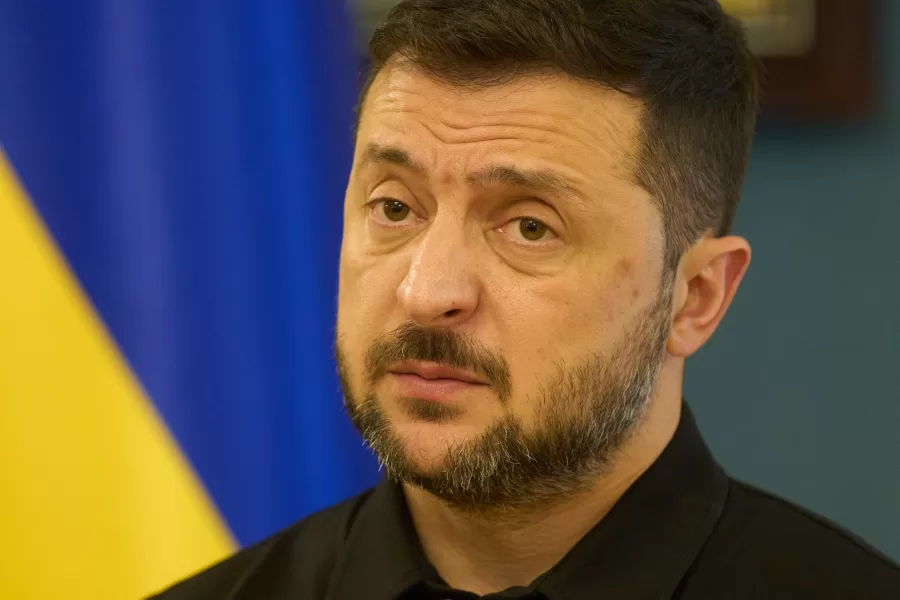 Ukrainian President Volodymyr Zelenskyy talks during his press conference in Kyiv, Ukraine, Saturday, Sept. 27, 2025. (AP Photo/Efrem Lukatsky)