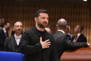 Ukraine’s President Volodymyr Zelenskyy arrives to delivers his speech at the Council of Europe after signing the legal instruments necessary to launch the Special Tribunal for the Crime of Aggression against Ukraine, in Strasbourg, eastern France, Wednesday, June 25, 2025. (AP Photo/Pascal Bastien)
