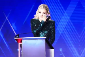Erika Kirk reacts after she receives the Charlie Kirk Legacy Award during the FOX Nation Patriot Awards Thursday, Nov. 6, 2025, in Greenvale, N.Y. (AP Photo/Frank Franklin II)