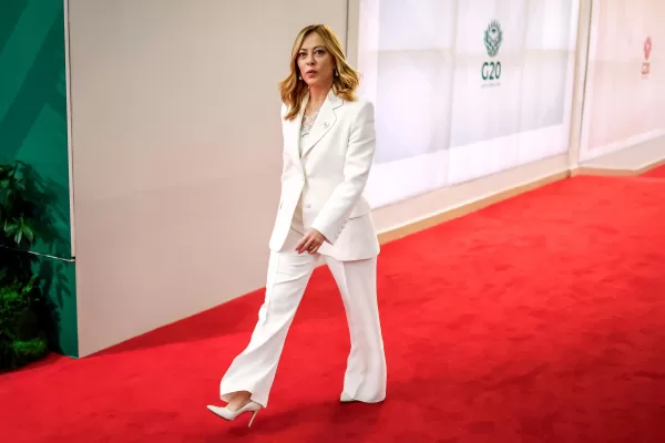 Italy’s Prime Minister Giorgia Meloni arrives for the second day of the G20 Leaders’ Summit, in Johannesburg, South Africa, Sunday, Nov. 23, 2025. (Marco Longari/Pool Photo via AP)