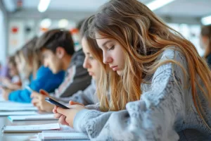 CELLULARE A SCUOLA IN CLASSE SMARTPHONE STUDENTI LEZIONE AULA GENERATE AI IA TELEFONO STUDENTE AULA CELLULARI