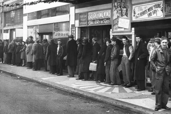While their union was being fined $3,500,000, and United Mine Workers president John L. Lewis $10,000 by a federal court in Washington, D.C., these miners lined up in Logan, W.V., Dec. 5, 1946, to apply for jobless benefits although West Virginia denies such compensation in a labor dispute. (AP Photo/CO)