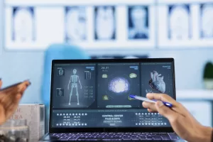 Medical expert and patient meeting at a check up appointment to discuss lab test results and potential treatment for recovery. Healthcare industry with medical insurance services.