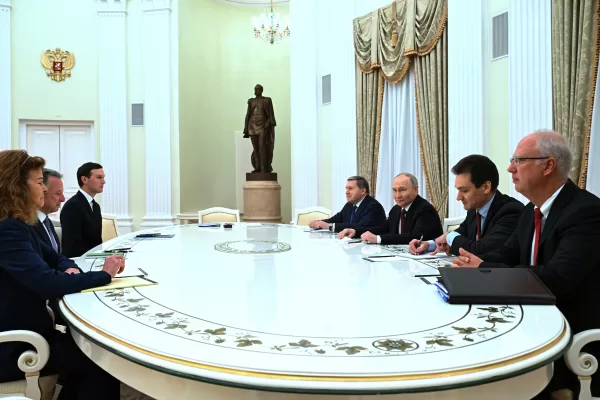FILE – Russian President Vladimir Putin, third from right, Russian Presidential Foreign Policy Adviser Yuri Ushakov, fourth from right, and Russian Direct Investment Fund CEO Kirill Dmitriev, right, attend talks with U.S. special envoy Steve Witkoff, second from left, and Jared Kushner, U.S. President Donald Trump’s son-in-law, third, at the Kremlin in Moscow, Russia, Dec. 2, 2025. (Kristina Kormilitsyna/Sputnik, Kremlin Pool Photo via AP, File)