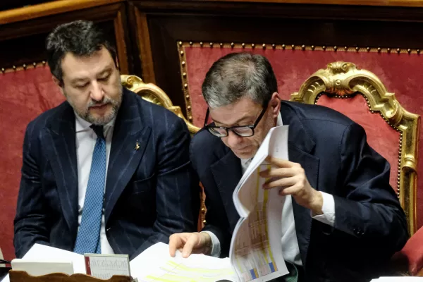 Il Ministro Matteo Salvini, Il Ministro dell’economia Giancarlo Giorgetti in occasione dell’approvazione della legge di bilancio di previsione dello Stato per l’anno finanziario 2026 e bilancio pluriennale per il triennio 2026-2028. Senato, Roma Martedì 23 Dicembre  2025 (foto Mauro Scrobogna / LaPresse)  

Minister Matteo Salvini, Minister of economy Giancarlo Giorgetti on the occasion of the approval of the State budget law for the 2026 financial year and the multi-year budget for the three-year period 2026-2028. Senate, Rome, Tuesday December 23 2025. (Photo by Mauro Scrobogna / LaPresse)