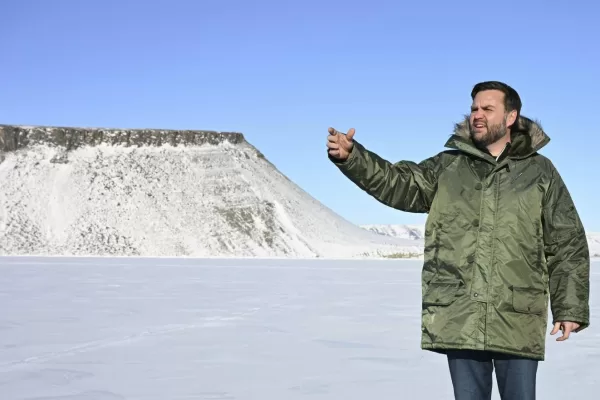 Vice President JD Vance gestures as he tours Pituffik Space Base, Friday, March 28, 2025, in Greenland. (Jim Watson/Pool via AP)