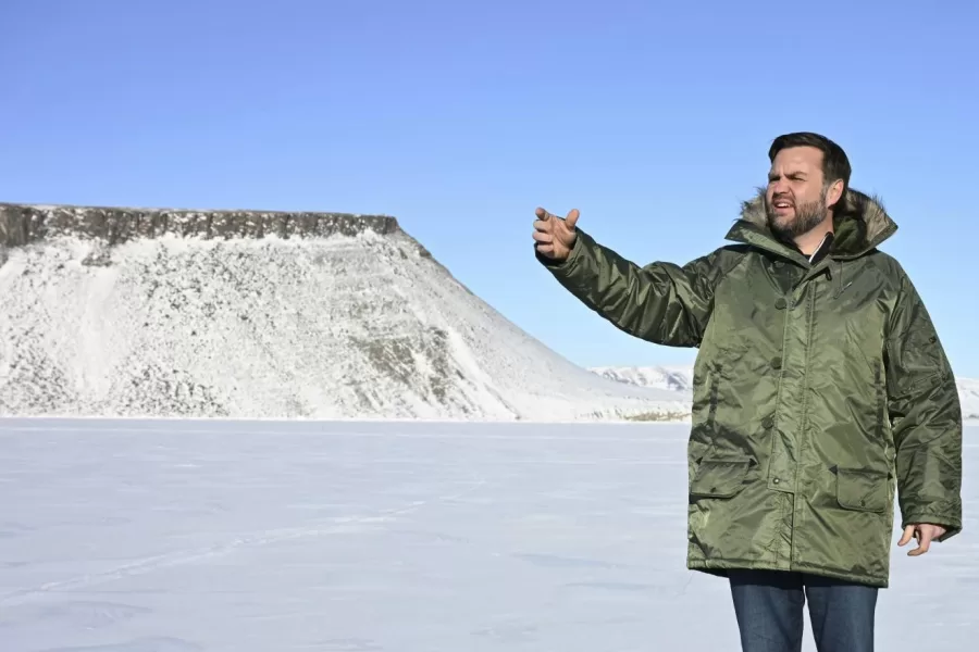 Vice President JD Vance gestures as he tours Pituffik Space Base, Friday, March 28, 2025, in Greenland. (Jim Watson/Pool via AP)