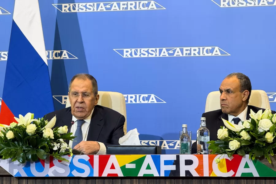 Russian Foreign Minister Sergey Lavrov, left, and his Egyptian counterpart Badr Abdelatty, speak during conference of the Russia-Africa partnership in Cairo, Egypt, Saturday, Dec. 20, 2025. (AP Photo/Mayar Mokhtar)