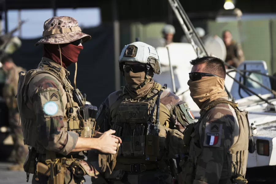 French U.N. peacekeepers prepare to leave their base to patrol along the Lebanese-Israeli border in Deir Kifa, south Lebanon, Wednesday, Aug. 20, 2025. (AP Photo/Hussein Malla)