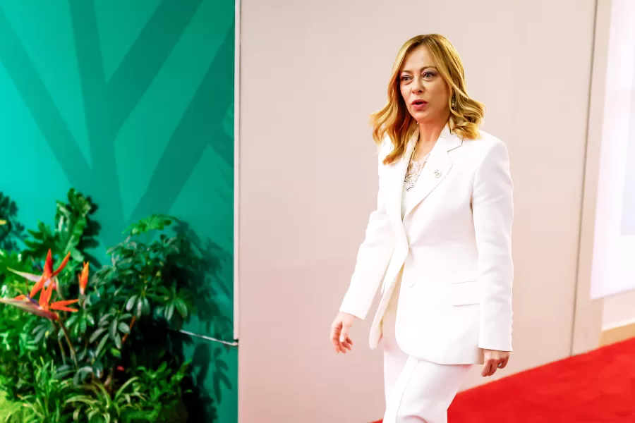 Italy’s Prime Minister Giorgia Meloni arrives for the second day of the G20 Leaders’ Summit, in Johannesburg, South Africa, Sunday, Nov. 23, 2025. (Marco Longari/Pool Photo via AP)