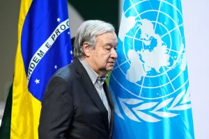 U.N. Secretary-General Antonio Guterres arrives to speak during a news conference at the COP30 U.N. Climate Summit, Thursday, Nov. 20, 2025, in Belem, Brazil. (AP Photo/Fernando Llano)