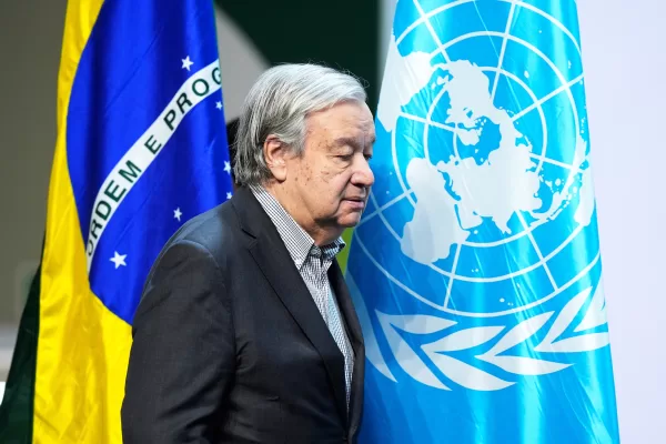 U.N. Secretary-General Antonio Guterres arrives to speak during a news conference at the COP30 U.N. Climate Summit, Thursday, Nov. 20, 2025, in Belem, Brazil. (AP Photo/Fernando Llano)