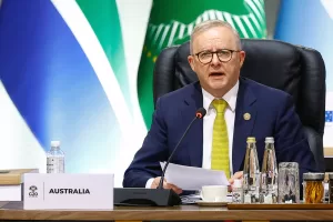 Australia’s Prime Minister Anthony Albanese attends a plenary session on the opening day of the G20 Summit at the Nasrec Expo Centre, in Johannesburg, South Africa, Saturday, Nov. 22, 2025. (Thomas Mukoya/Pool Photo via AP)