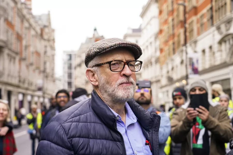 Former Labour Party leader Jeremy Corbyn attends a demonstration in support of Palestinian people in Gaza, in London, Saturday, Feb. 17, 2024. (AP Photo/Alberto Pezzali)