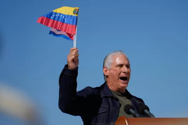 Cuban President Miguel Diaz-Canel attends a rally in Havana, Cuba, Saturday, Jan. 3, 2026, in solidarity with Venezuela after the U.S. captured President Nicolas Maduro and flew him out of Venezuela. (AP Photo/Ramon Espinosa)