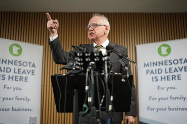 Gov. Tim Walz speaks during a news conference on Tuesday, Jan. 6, 2026 at the Coliseum Building in Minneapolis. (Alex Kormann/Star Tribune via AP)