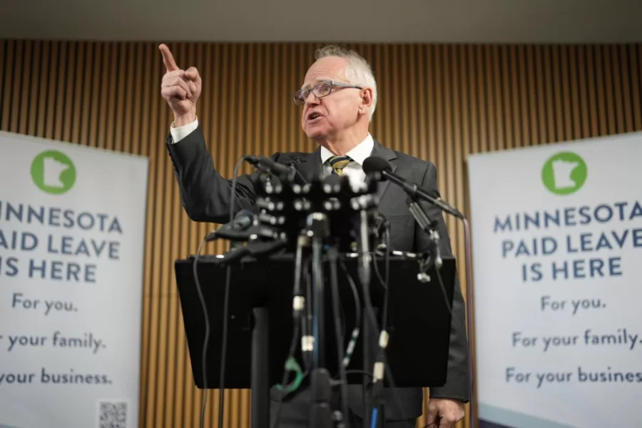 Gov. Tim Walz speaks during a news conference on Tuesday, Jan. 6, 2026 at the Coliseum Building in Minneapolis. (Alex Kormann/Star Tribune via AP)