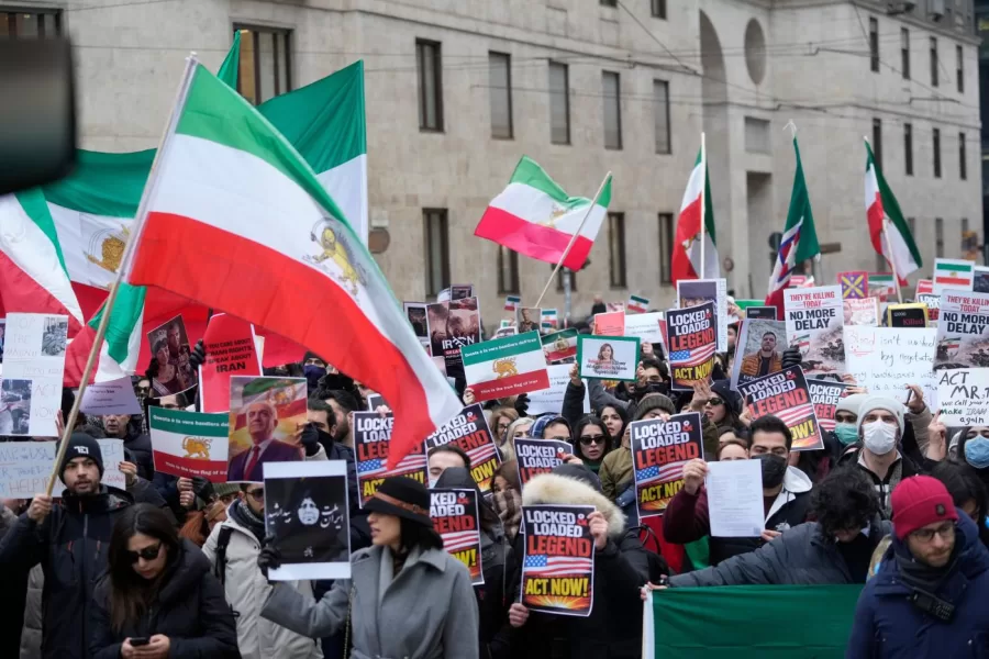 Protesters participate in a demonstration supporting protesters in Iran, in front of the US Consulate, Milan, Italy, Tuesday, Jan. 13, 2026. (AP Photo/Luca Bruno)





Associate Press/ LaPresse
Only Italy and Spain