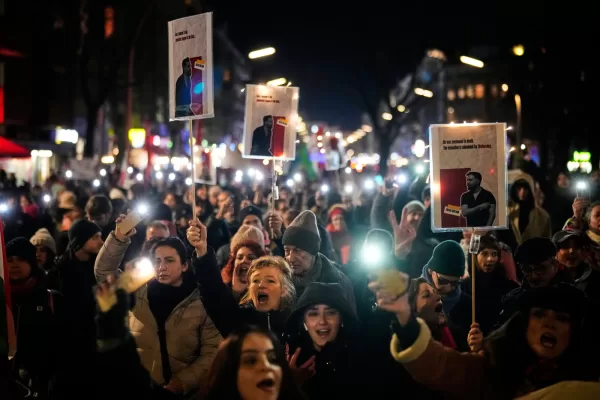 People take part in a rally in support of anti-government protests in Iran, Berlin Germany, Wednesday, June 14, 2026. (AP Photo/Ebrahim Noroozi)