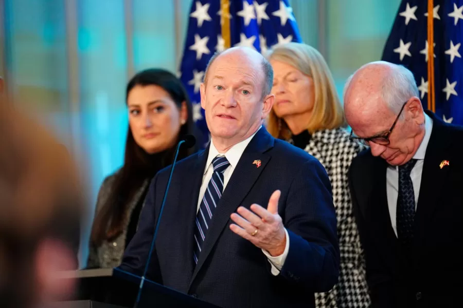 Senator Chris Coons from the Democratic Party speaks during a press conference with the American delegation, consisting of senators and members of the House of Representatives, in Copenhagen, Denmark, Saturday, Jan. 17, 2026. (Ida Marie Odgaard/Ritzau Scanpix via AP)