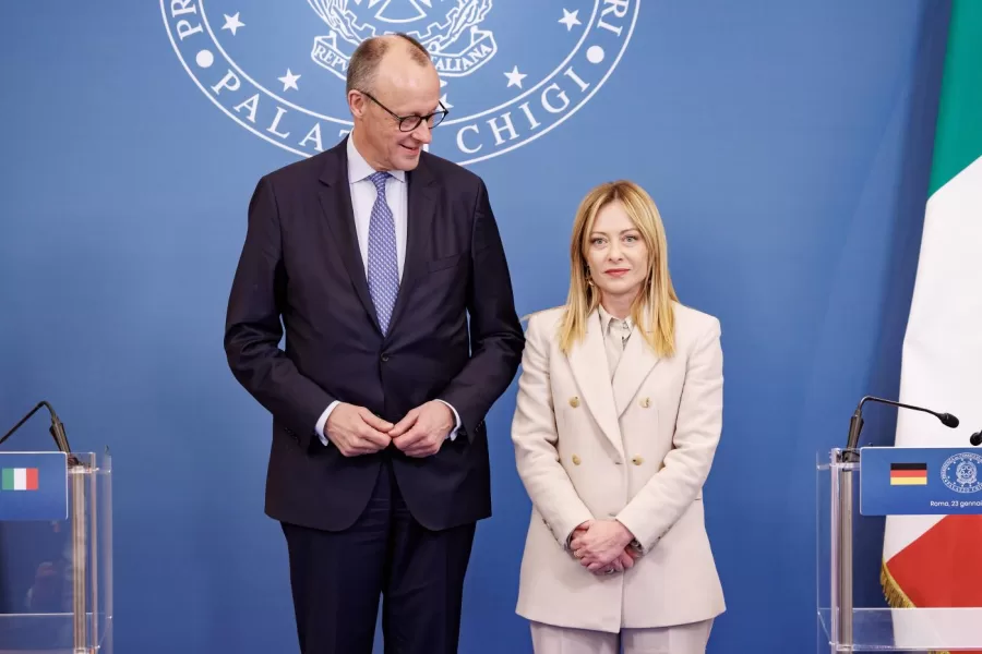La presidente del Consiglio Giorgia Meloni e il cancelliere federale della Germania Friedrich Merz durante il vertice intergovernativo a Villa Doria Pamphilj, Roma, Venerdì 23 Gennaio 2026 (Foto Roberto Monaldo / LaPresse) 

Premier Giorgia Meloni and Federal Chancellor of Germany Friedrich Merz during the intergovernmental summit at Villa Doria Pamphilj, Rome, Friday, January 23, 2026 (Photo by Roberto Monaldo /LaPresse)