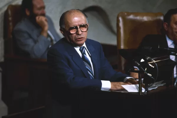FILE – In this June 29, 1982, file photo, Israeli Prime Minister Menachem Begin speaks to Israeli Parliament members at the Knessett about the situation in Lebanon.  (AP Photo/Castelnuovo, File)