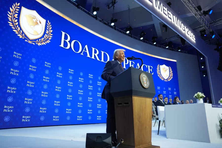 President Donald Trump speaks during a Board of Peace charter announcement during the Annual Meeting of the World Economic Forum in Davos, Switzerland, Thursday, Jan. 22, 2026. (AP Photo/Evan Vucci)