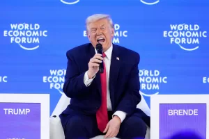 President Donald Trump speaks during the Annual Meeting of the World Economic Forum in Davos, Switzerland, Wednesday, Jan. 21, 2026. (AP Photo/Markus Schreiber)