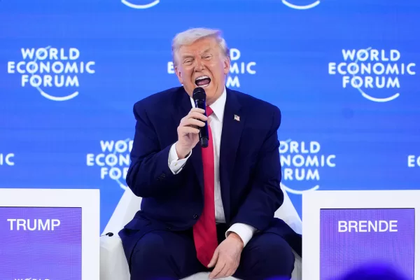 President Donald Trump speaks during the Annual Meeting of the World Economic Forum in Davos, Switzerland, Wednesday, Jan. 21, 2026. (AP Photo/Markus Schreiber)