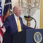 President Donald Trump speaks during a Black History Month event in the East Room of the White House, Wednesday, Feb. 18, 2026, in Washington. (AP Photo/Evan Vucci)