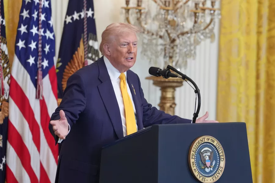 President Donald Trump speaks during a Black History Month event in the East Room of the White House, Wednesday, Feb. 18, 2026, in Washington. (AP Photo/Evan Vucci)