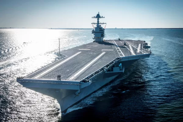 FILE – In this photo provided by the U.S. Navy, the USS Gerald R. Ford embarked on the first of its sea trials to test various state-of-the-art systems on its own power for the first time, April 8, 2017, from Newport News, Va. (Mass Communication Specialist 2nd Class Ridge Leoni/U.S. Navy via AP, File)