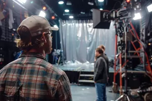 SET CINEMATOGRAFICO STUDIO RIPRESE CINEMA BACKSTAGE TROUPE CINEPRESA TELECAMERA PRODUZIONE FILM GENERATE AI IA