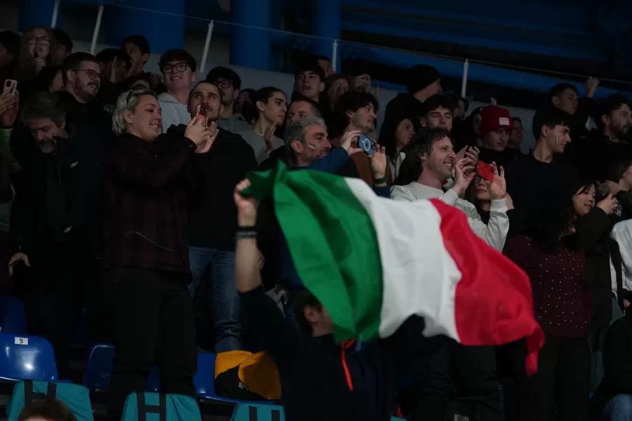 Stefania Costantini e Amos Mosaner of Italy compete with Estonia during the mixed doubles round robin phase of the curling competition at the 2026 Winter Olympics, in Cortina d’Ampezzo, Italy, Friday, Feb. 6, 2026. (AP Photo/Misper Apawu)