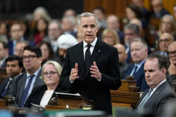 Prime Minister Mark Carney speaks in the House of Commons in Ottawa, on Wednesday, Feb. 11, 2026. (Adrian Wyld/The Canadian Press via AP)