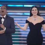Carlo Conti and Laura Pausini attend the 76th edition of the Sanremo Italian Song Festival at the Ariston Theatre in Sanremo, northern Italy – Tuesday, February 24, 2026. Entertainment. (Photo by Marco Alpozzi/LaPresse)