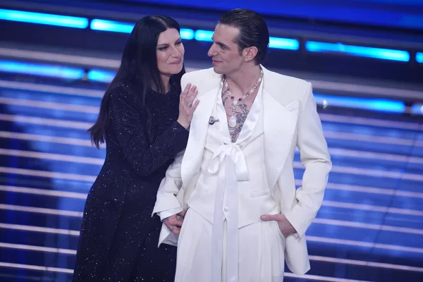 Laura Pausini with Achille Lauro during the 76th edition of the Sanremo Italian Song Festival at the Ariston Theatre in Sanremo, northern Italy – Wednesday, February 25, 2026. Entertainment. (Photo by Marco Alpozzi/LaPresse)