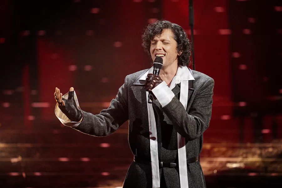 Ermal Meta performs during the 76th edition of the Sanremo Italian Song Festival at the Ariston Theatre in Sanremo, northern Italy – Wednesday, February 25, 2026. Entertainment. (Photo by Marco Alpozzi/LaPresse)