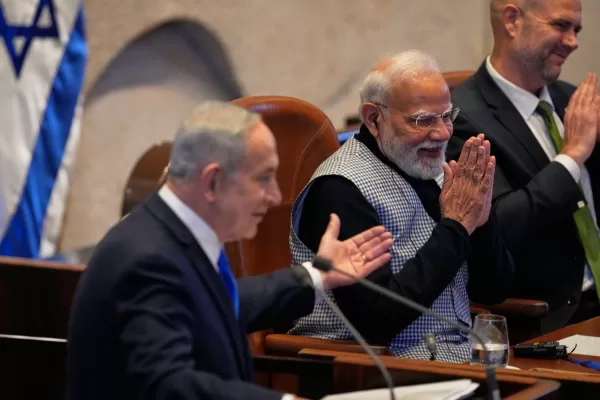 Indian Prime Minister Narendra Modi and Israel’s Prime Minister Benjamin Netanyahu, addresses lawmakers in the Knesset, Israel’s parliament, in Jerusalem, Wednesday, Feb. 25, 2026. (AP Photo/Ohad Zwigenberg)
