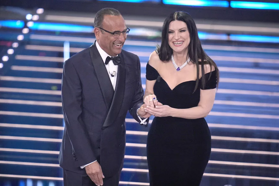 Carlo Conti and Laura Pausini attend the 76th edition of the Sanremo Italian Song Festival at the Ariston Theatre in Sanremo, northern Italy – Tuesday, February 24, 2026. Entertainment. (Photo by Marco Alpozzi/LaPresse)