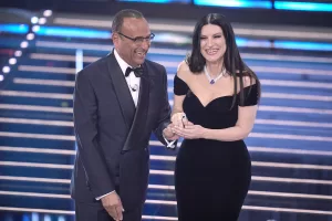Carlo Conti and Laura Pausini attend the 76th edition of the Sanremo Italian Song Festival at the Ariston Theatre in Sanremo, northern Italy – Tuesday, February 24, 2026. Entertainment. (Photo by Marco Alpozzi/LaPresse)