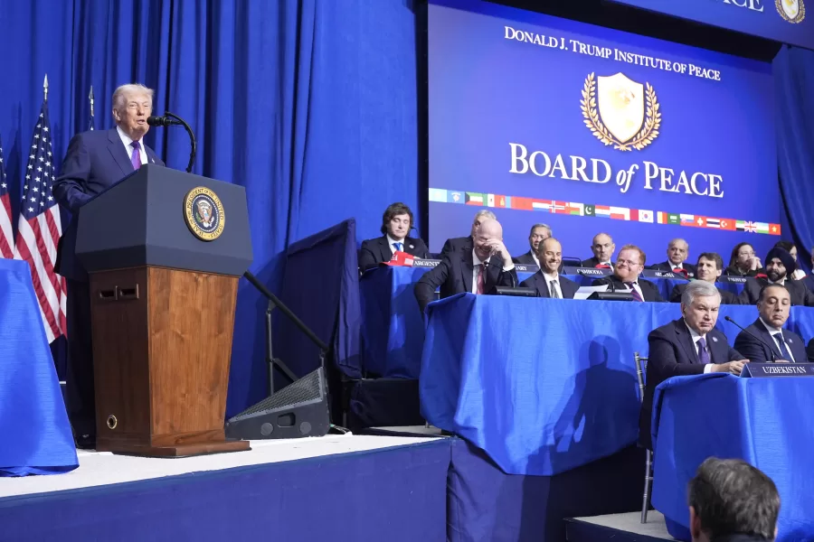 President Donald Trump speaks during a Board of Peace meeting at the U.S. Institute of Peace, Thursday, Feb. 19, 2026, in Washington. (AP Photo/Mark Schiefelbein)





Associate Press/ LaPresse
Only Italy and Spain