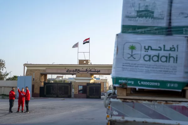 A truck carrying humanitarian aids enters the Egyptian gate of the Rafah crossing, heading for inspection by Israeli authorities before entering the Gaza Strip, in Rafah, Egypt, Sunday, Feb. 1, 2026. (AP Photo/Mohamed Arafat)
