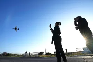 A U-2 spy aircraft lands at the U.K.’s RAF Akrotiri air base, near Limassol, Cyprus, Thursday, March 5, 2026. (AP Photo/Petros Karadjias)